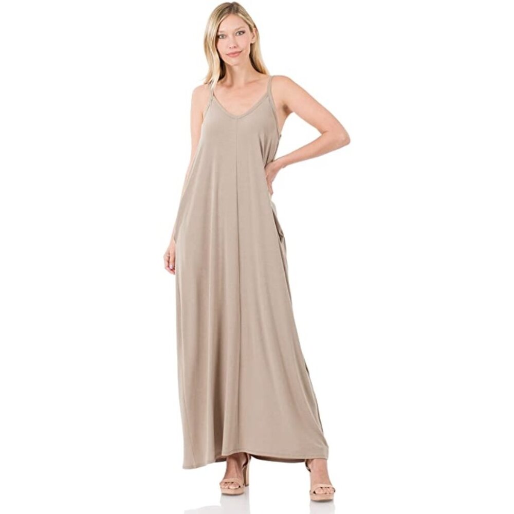 Zenana V-Neck CAMI Maxi Dress with Side Pockets and Adjustable Straps-Ash Mocha